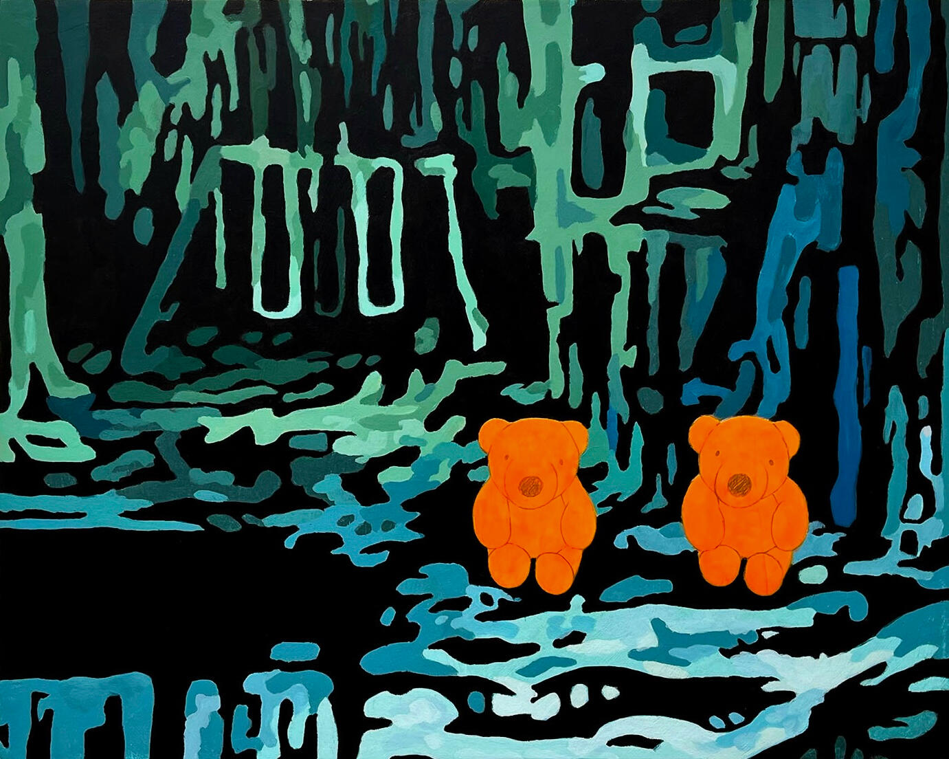 Bears in the yard, 2023, acrylic, graphite, & matte gel on canvas, 20"x16". (unavailable)