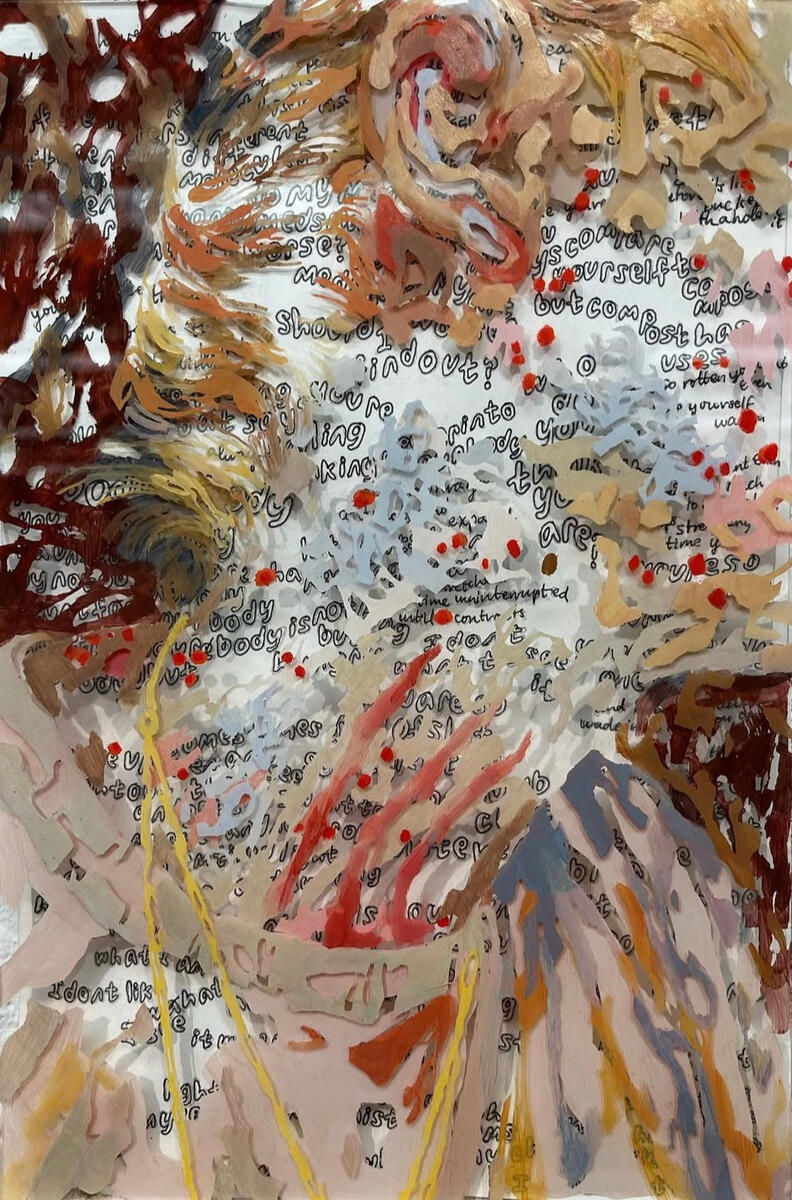 Bad skin, 2022, acrylic on acrylic plexiglass over ink on paper, 8"x12". (unavailable)