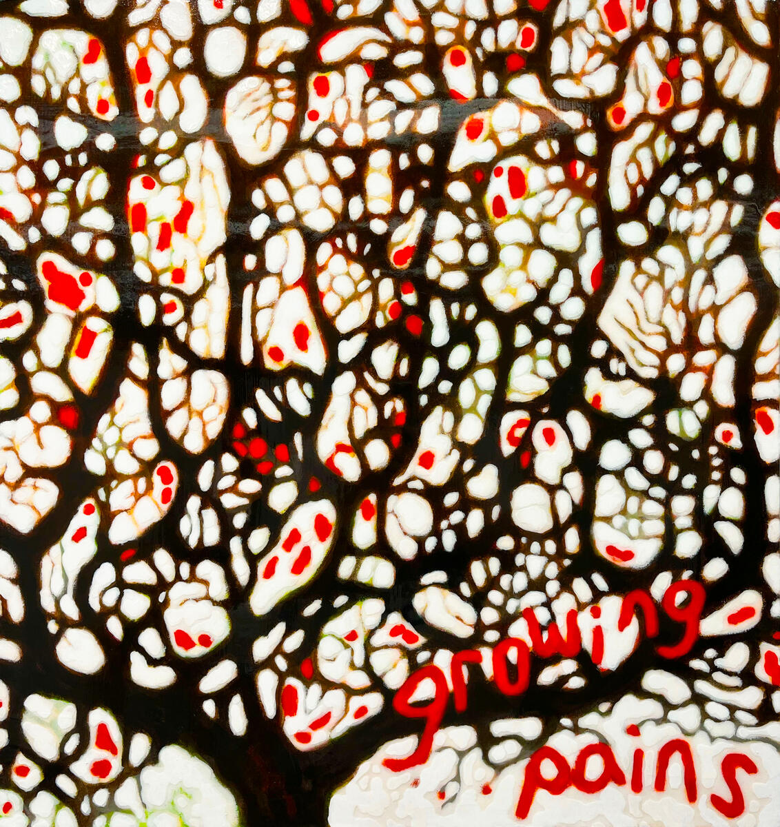Growing pains, 2022, acrylic & gloss gel on canvas, 24"x26". (available)