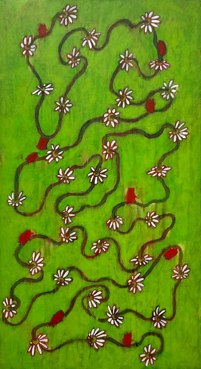 Daisy chain, 2022, acrylic, matte gel, & watercolor crayon on canvas, 13”x24”. (unavailable)