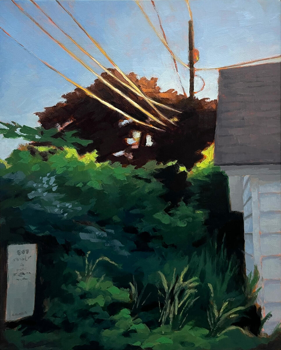 Now the fence is fixed, 2024, acrylic on canvas, 9"x12". (available)