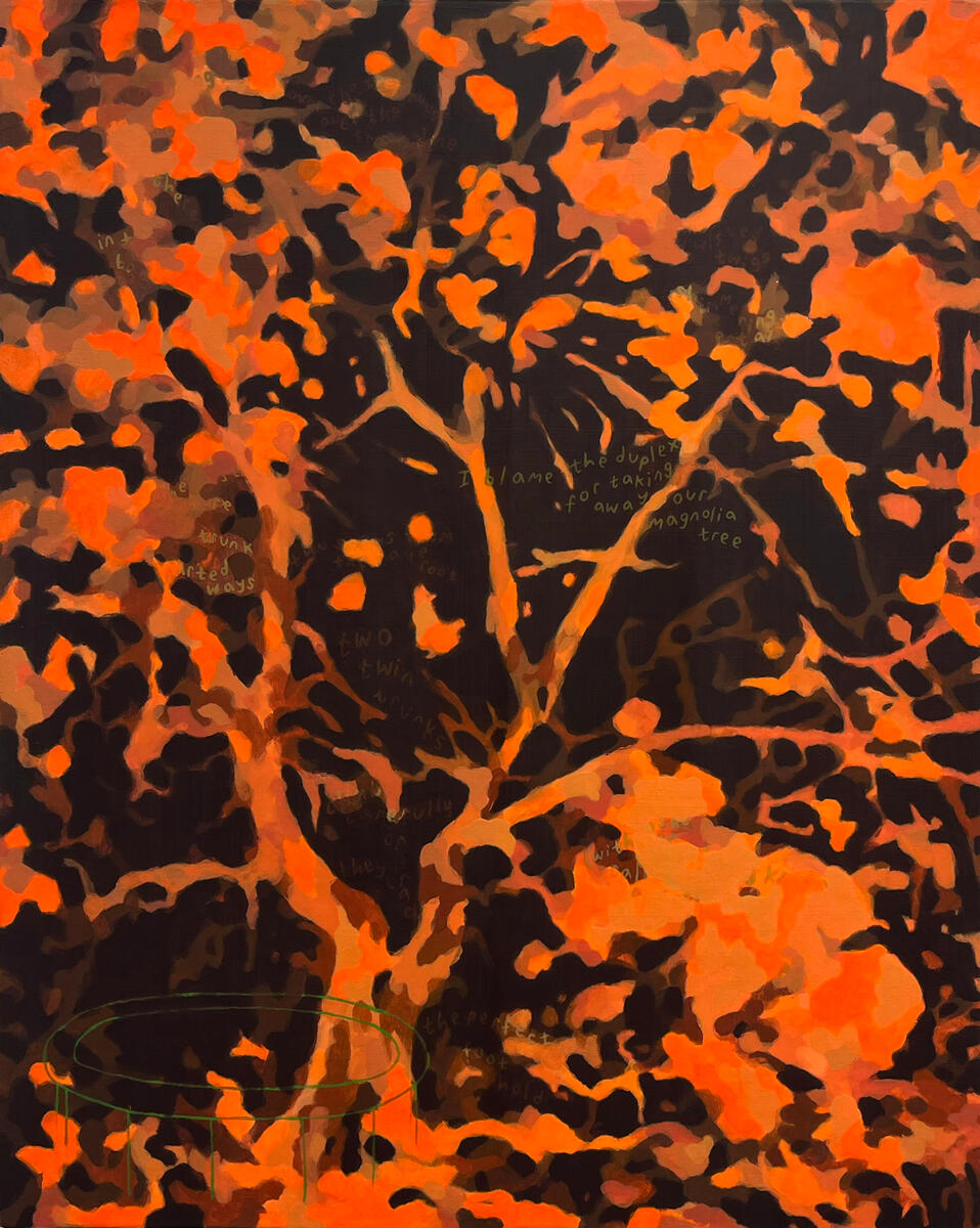 Magnolia tree, 2023, acrylic & matte medium on canvas, 16"x20". (available)