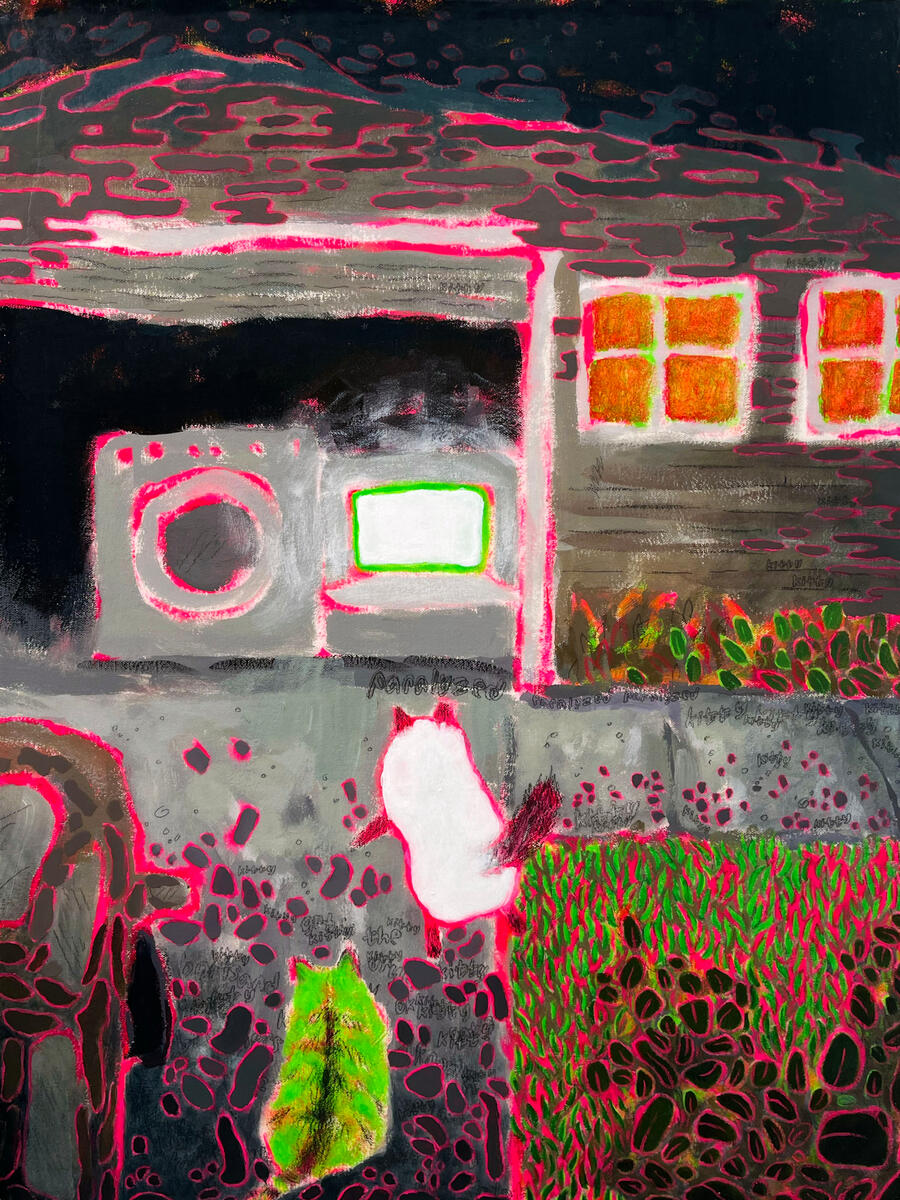 Boris and Gary, 2022, acrylic, graphite, & gloss gel on canvas, 15"x20". (available)