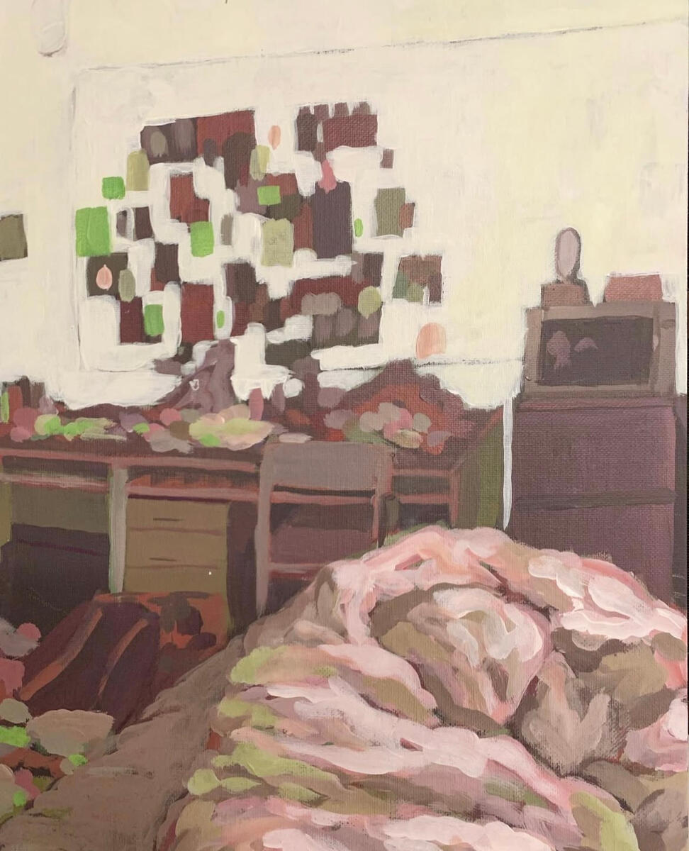 Bedroom II, 2021, acrylic & molding paste on canvas panel, 12"x16". (unavailable)