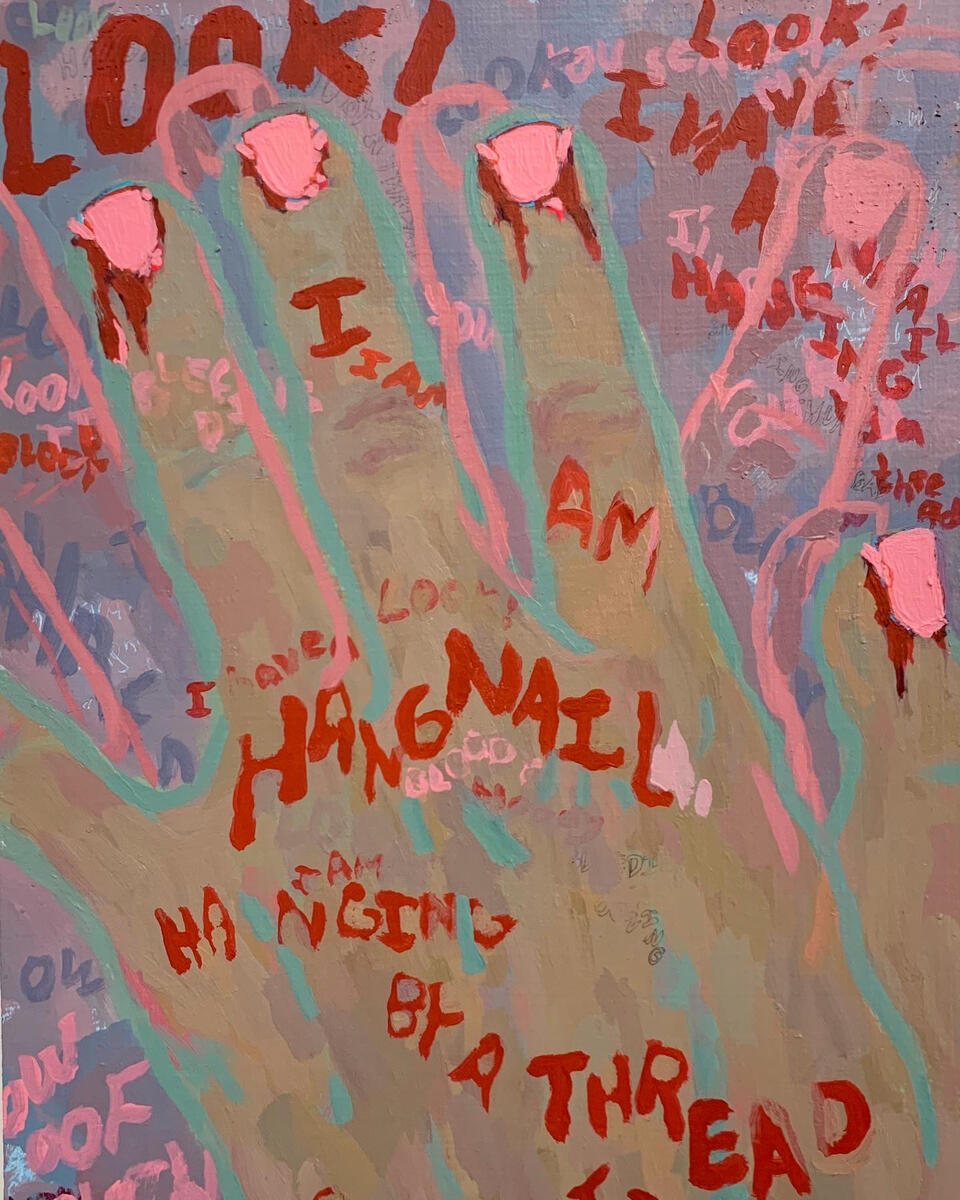 Hangnail, 2021, acrylic on masonite panel, 9"x12". (unavailable)